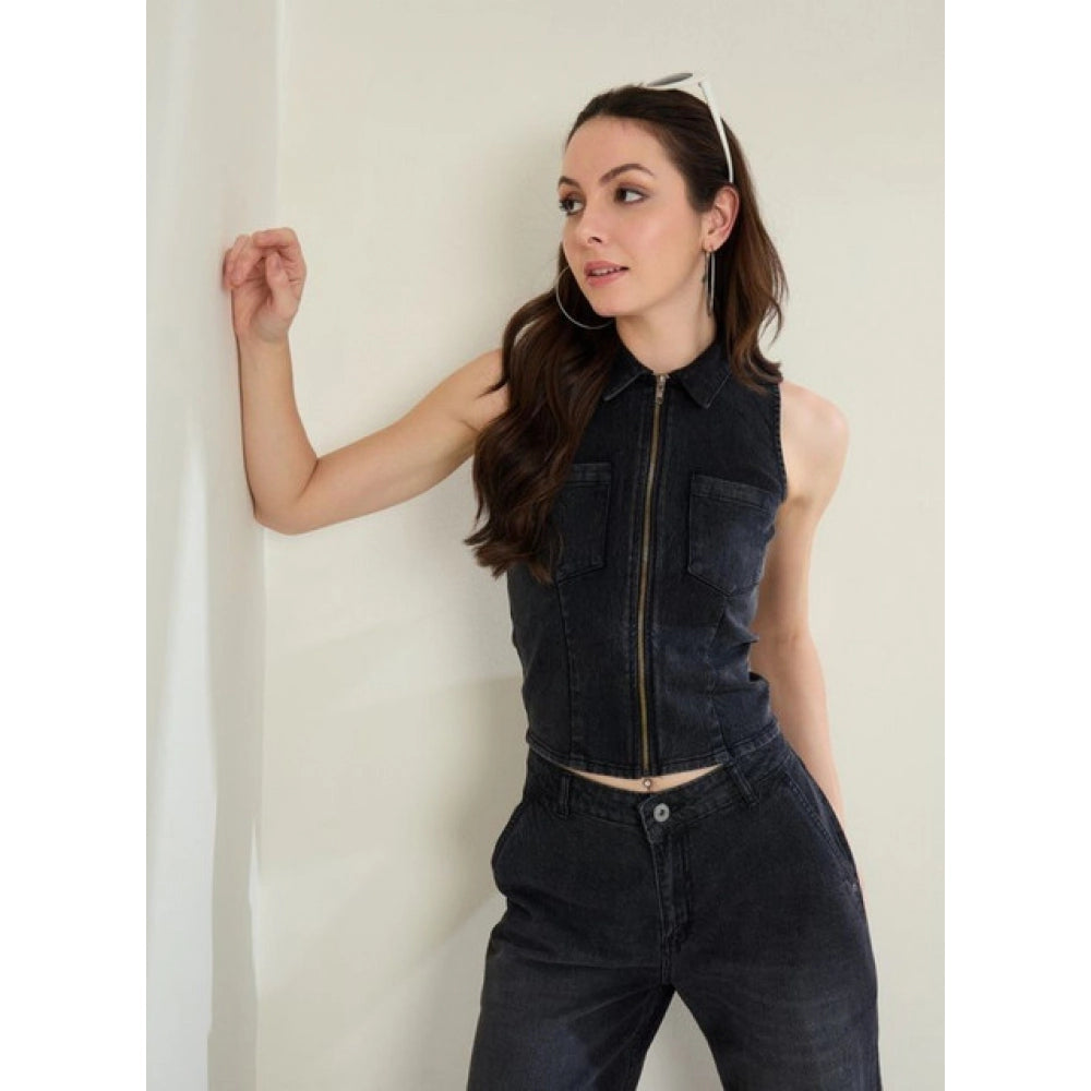 Women’s Black Denim Lycra Sleeveless Top