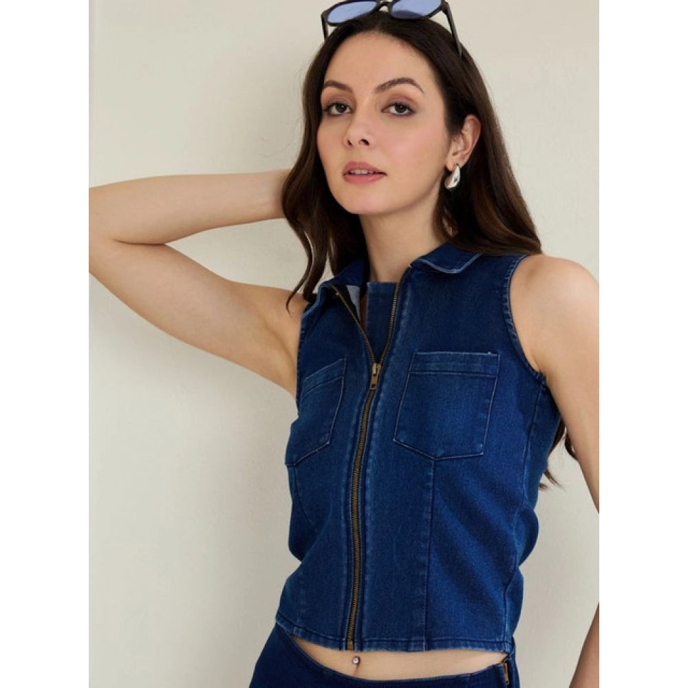 Women’s Blue Denim Lycra Sleeveless Top