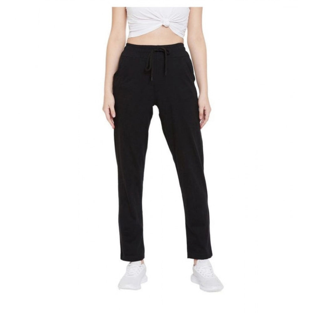 Generic Women's Cotton Solid Elasticated Ankle Length Track Pants (Black)