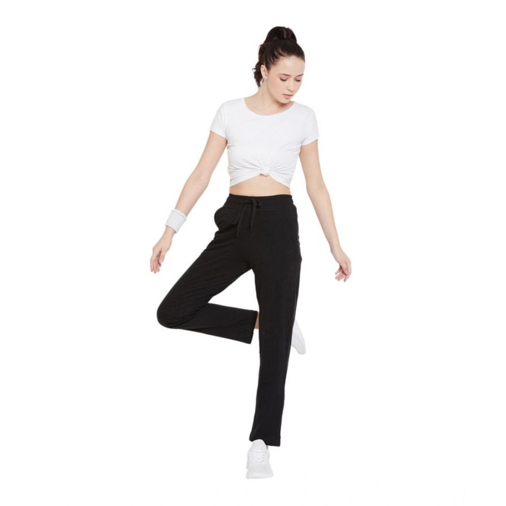 Generic Women's Cotton Solid Elasticated Ankle Length Track Pants (Black)