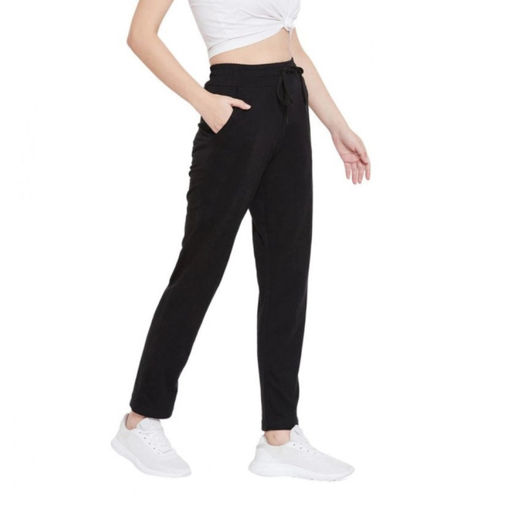 Generic Women's Cotton Solid Elasticated Ankle Length Track Pants (Black)