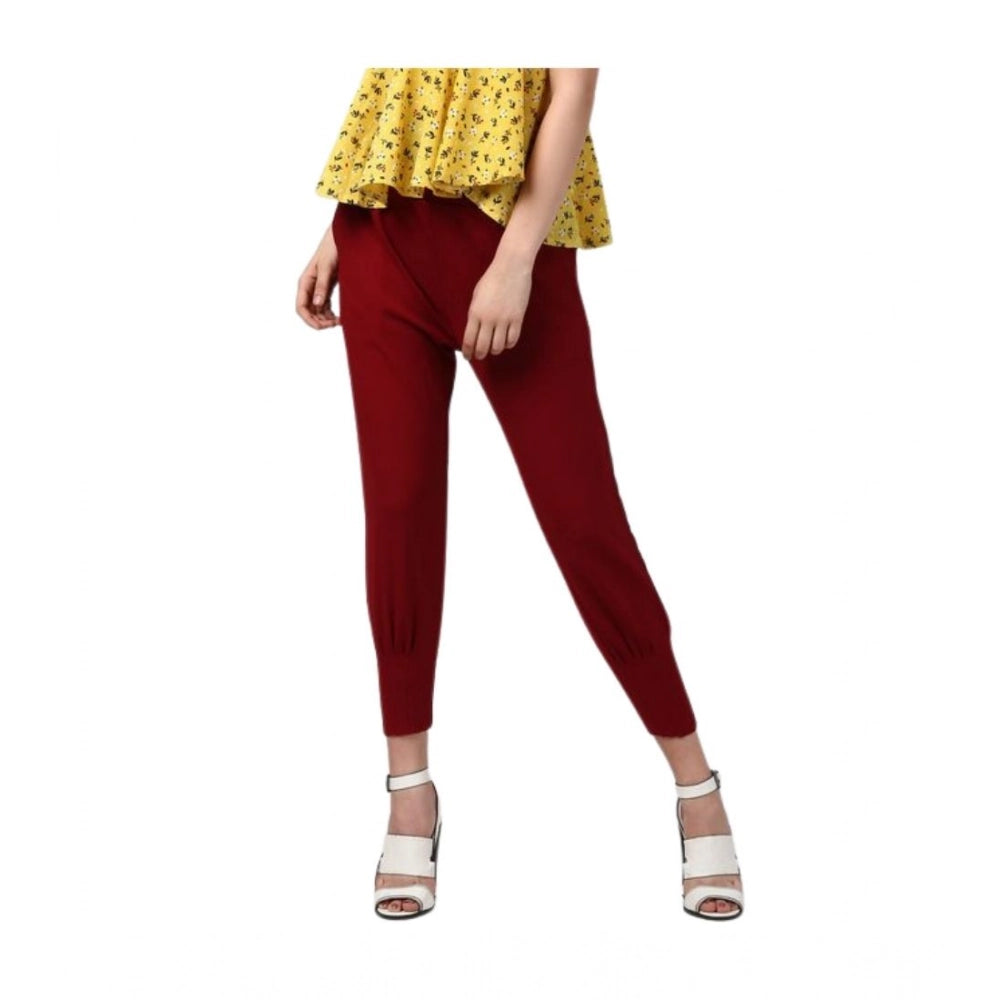 Generic Women's Polyester Solid Elasticated Trousers (Maroon)