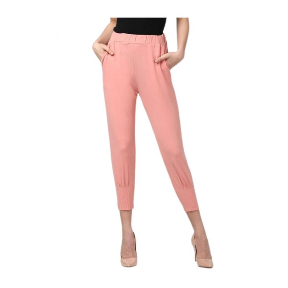 Generic Women's Polyester Solid Elasticated Ankle Length Trousers (Pink)