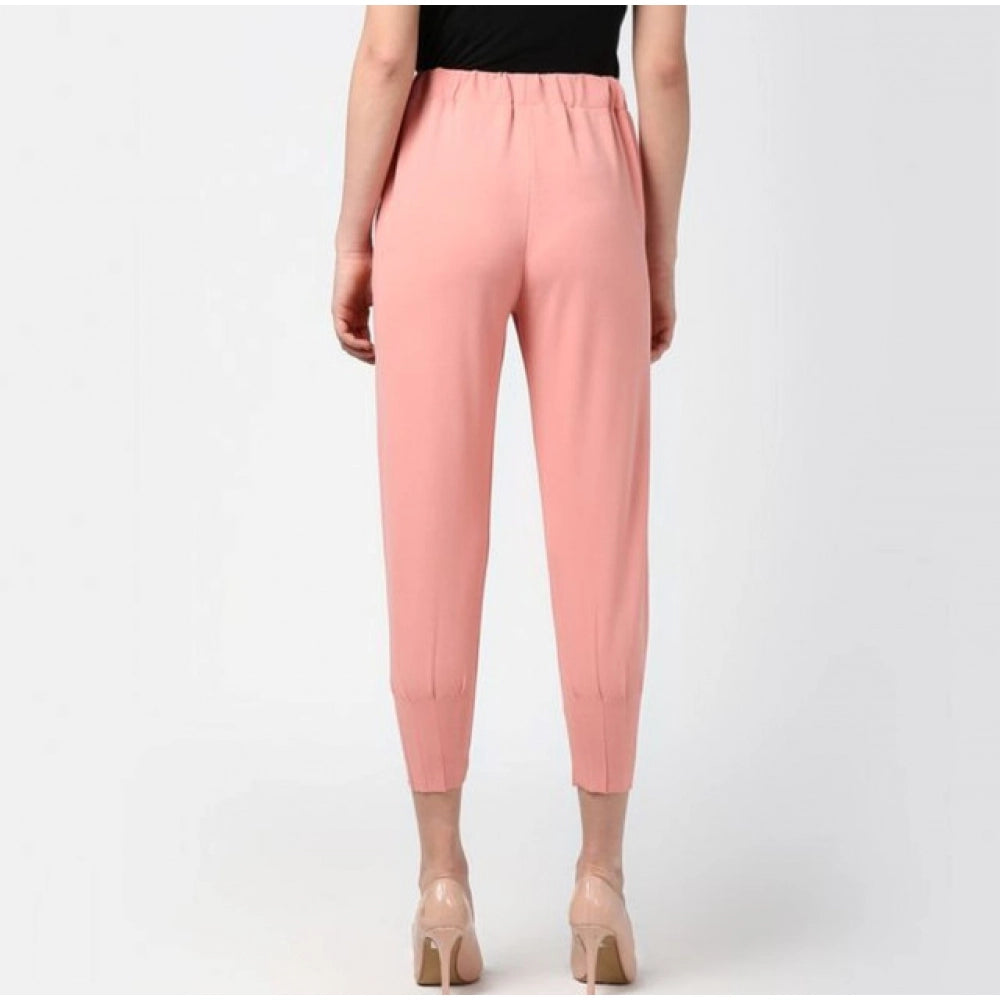Generic Women's Polyester Solid Elasticated Ankle Length Trousers (Pink)