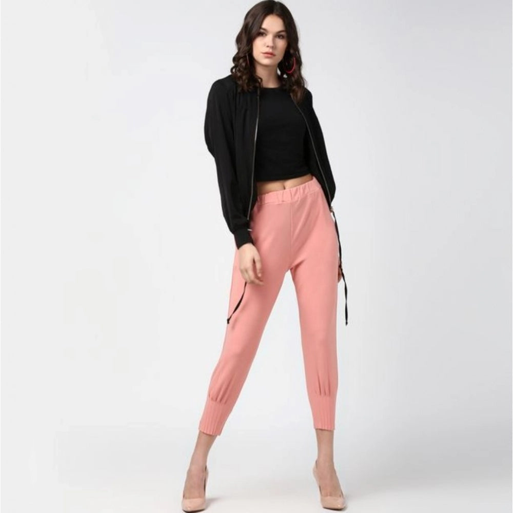 Generic Women's Polyester Solid Elasticated Ankle Length Trousers (Pink)