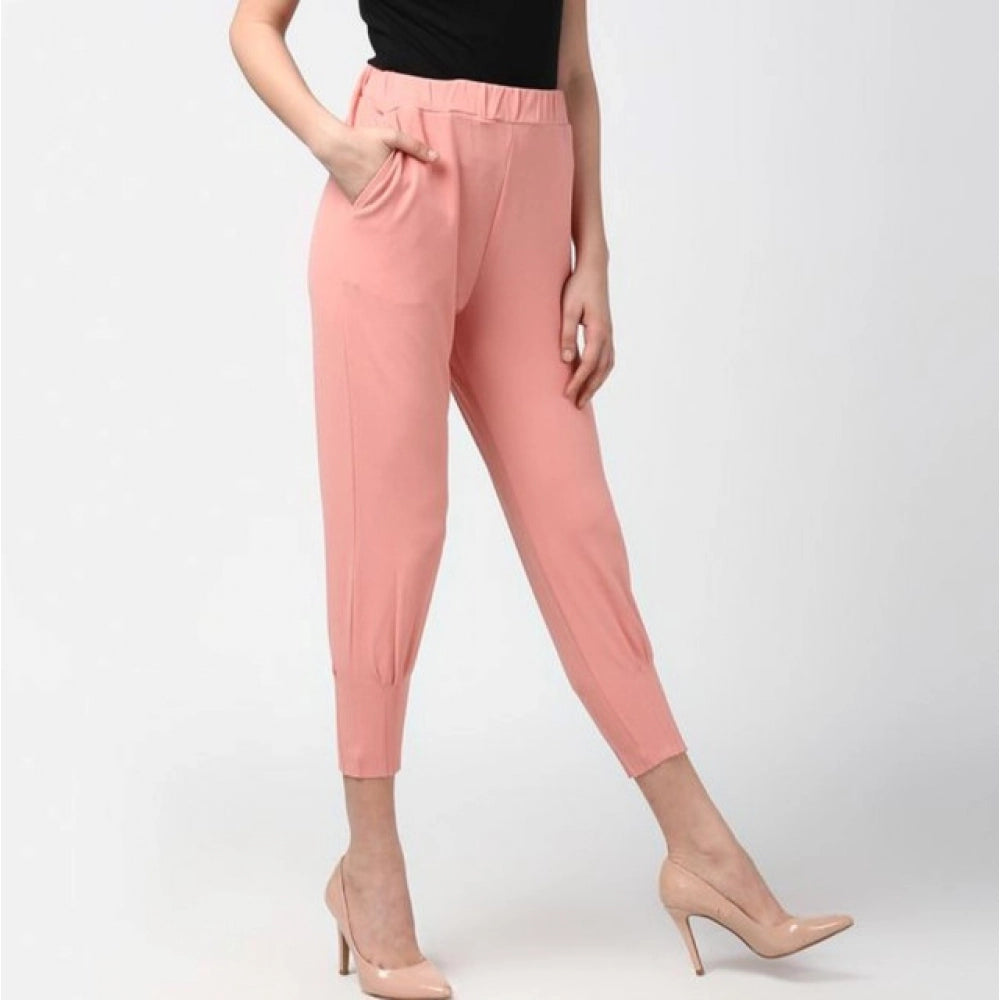 Generic Women's Polyester Solid Elasticated Ankle Length Trousers (Pink)