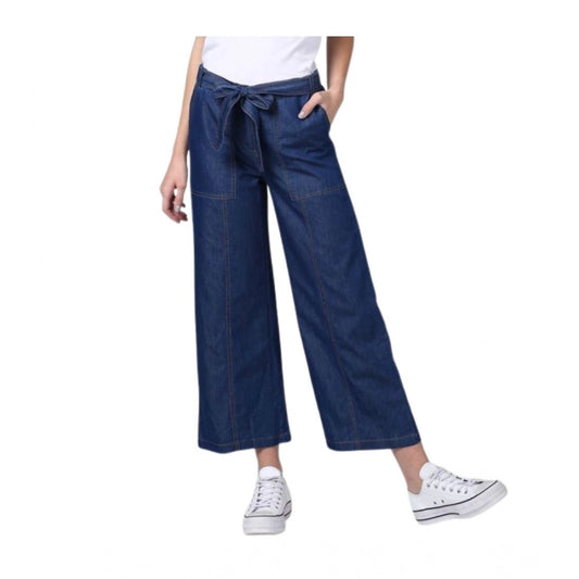 Generic Women's Denim Solid Elasticated Ankle Length Trousers (Blue)