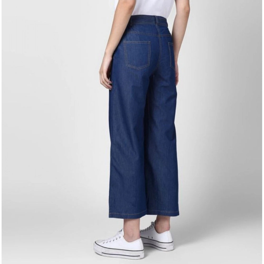Generic Women's Denim Solid Elasticated Ankle Length Trousers (Blue)