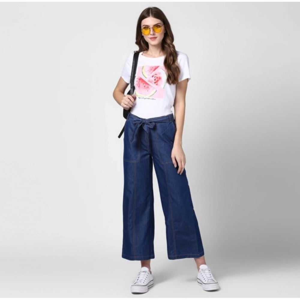 Generic Women's Denim Solid Elasticated Ankle Length Trousers (Blue)