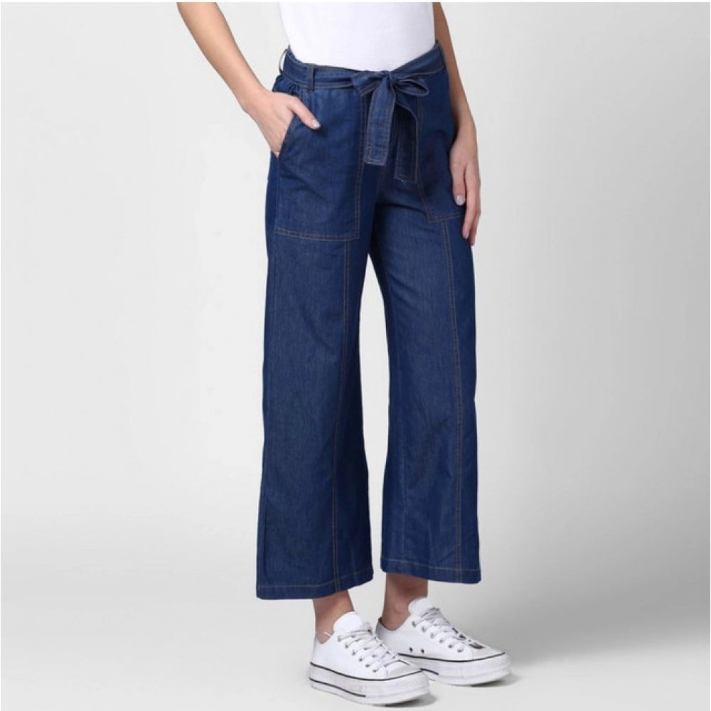 Generic Women's Denim Solid Elasticated Ankle Length Trousers (Blue)