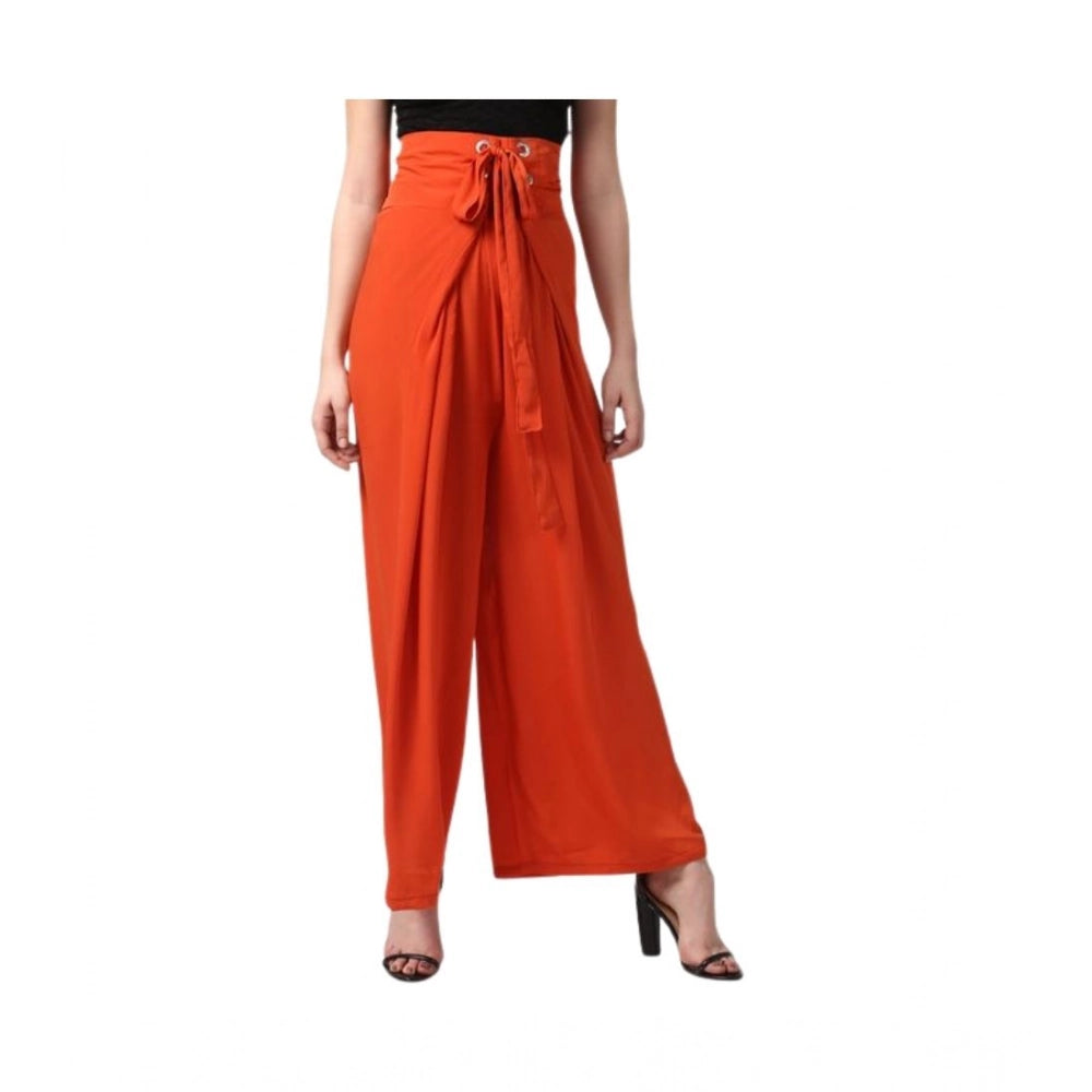 Generic Women's Polyester Solid Smocked Ankle Length Trousers (Orange)