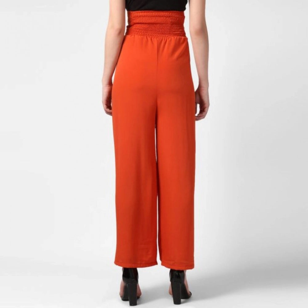 Generic Women's Polyester Solid Smocked Ankle Length Trousers (Orange)