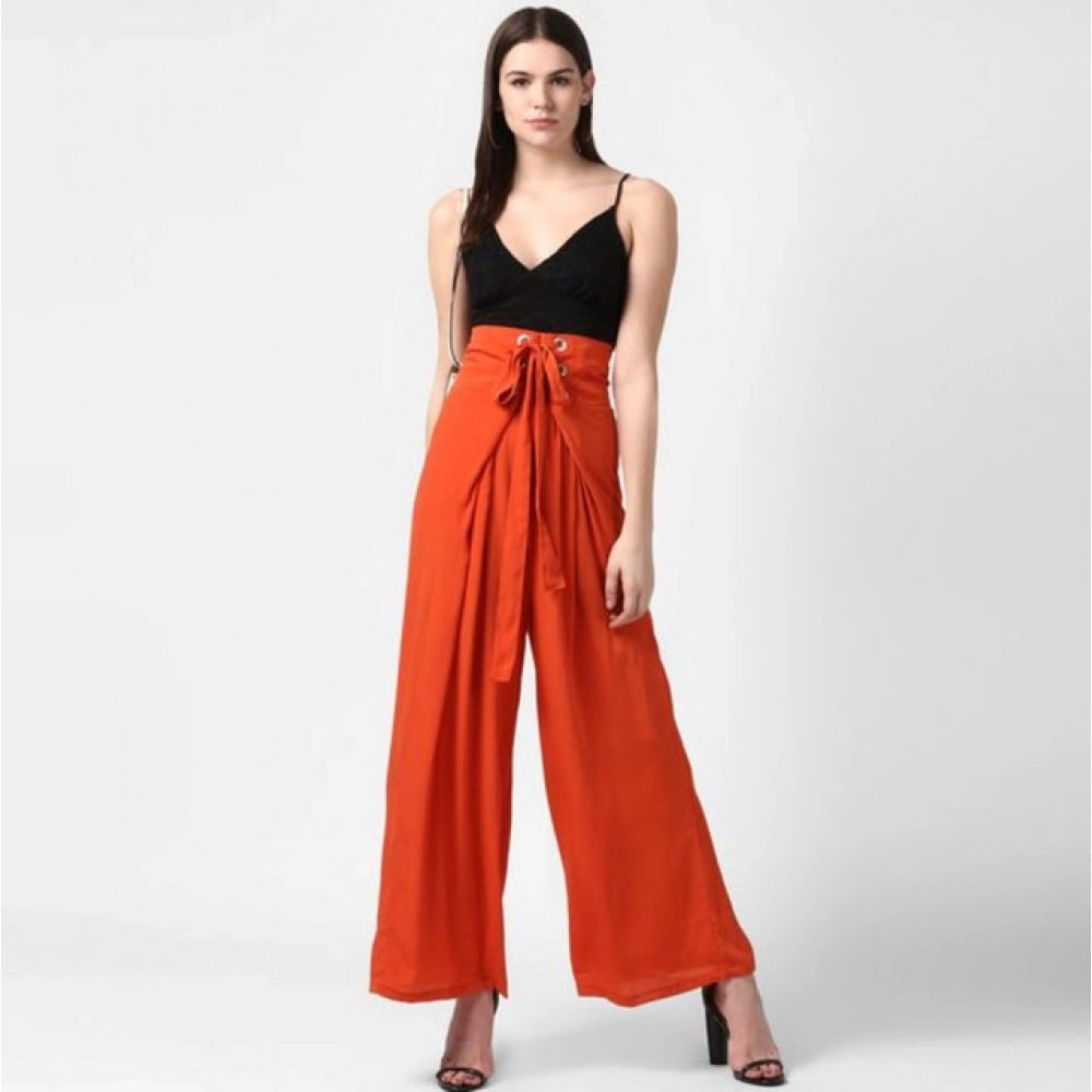 Generic Women's Polyester Solid Smocked Ankle Length Trousers (Orange)