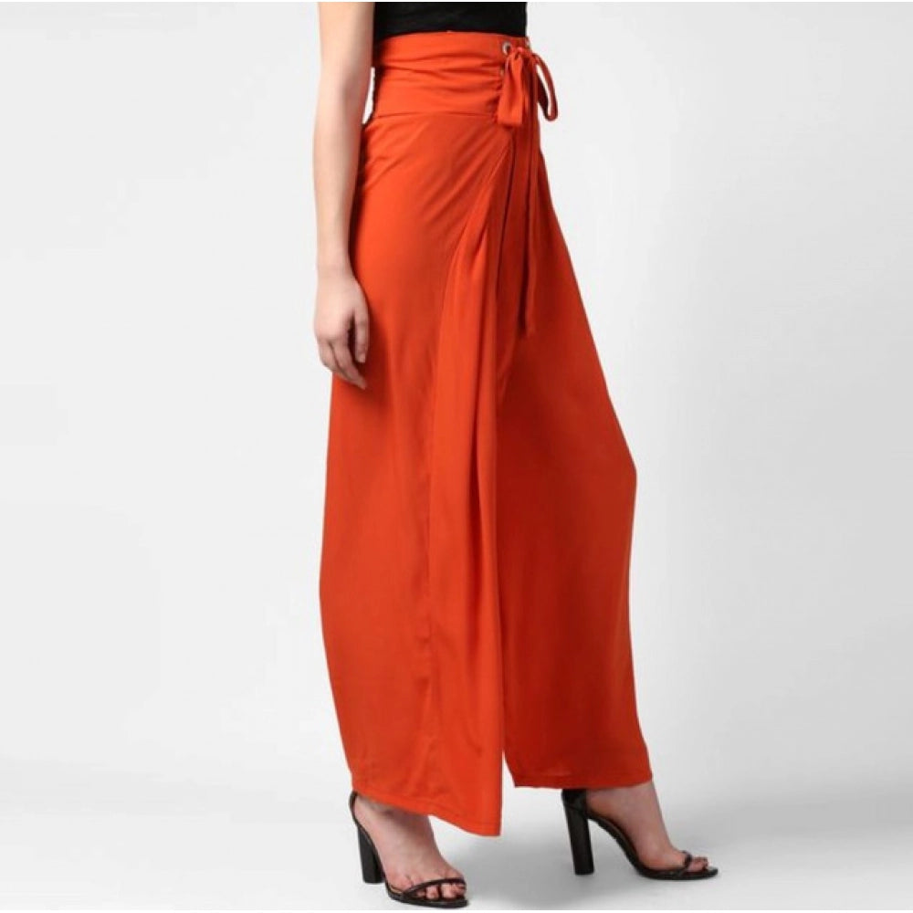 Generic Women's Polyester Solid Smocked Ankle Length Trousers (Orange)