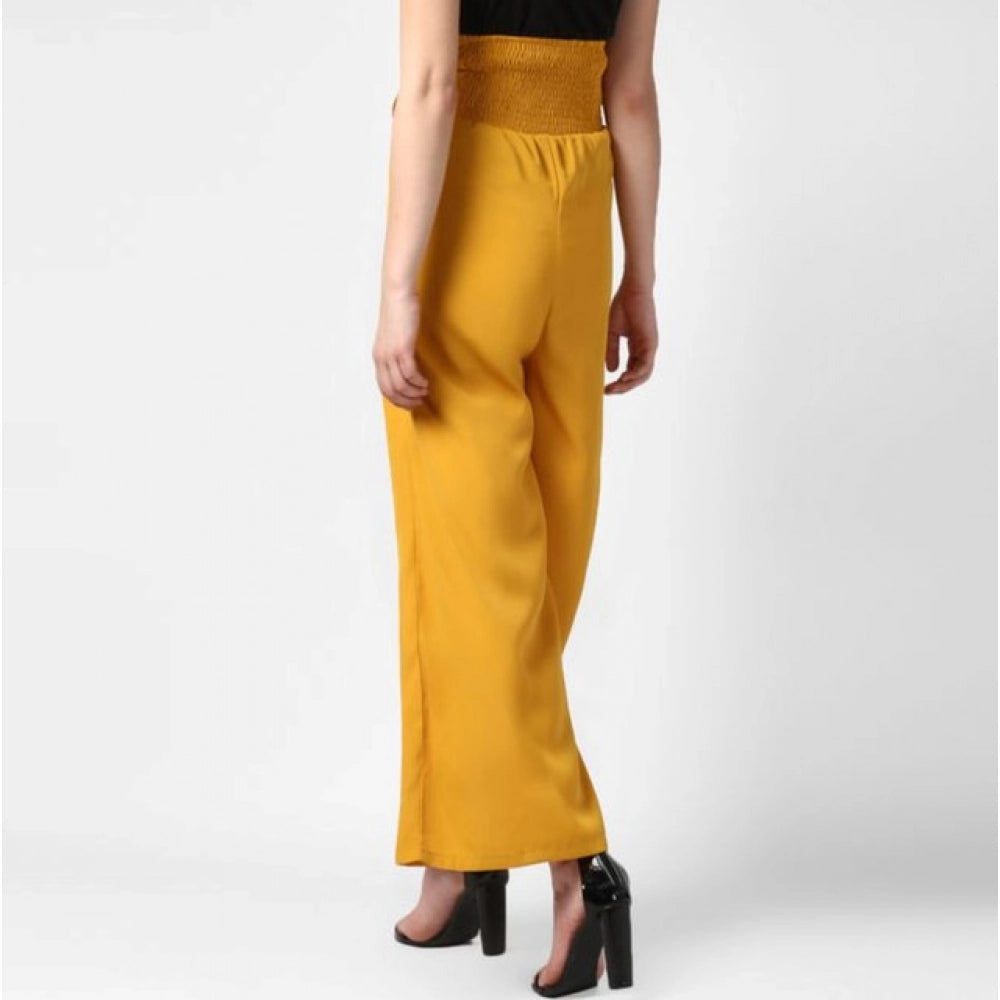 Generic Women's Polyester Solid Smocked Ankle Length Trousers (Yellow)