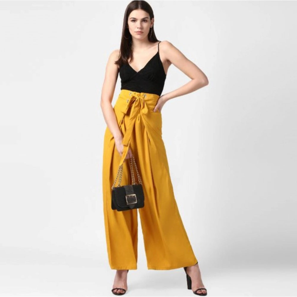 Generic Women's Polyester Solid Smocked Ankle Length Trousers (Yellow)