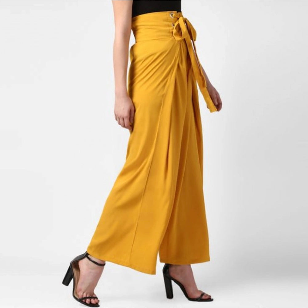 Generic Women's Polyester Solid Smocked Ankle Length Trousers (Yellow)