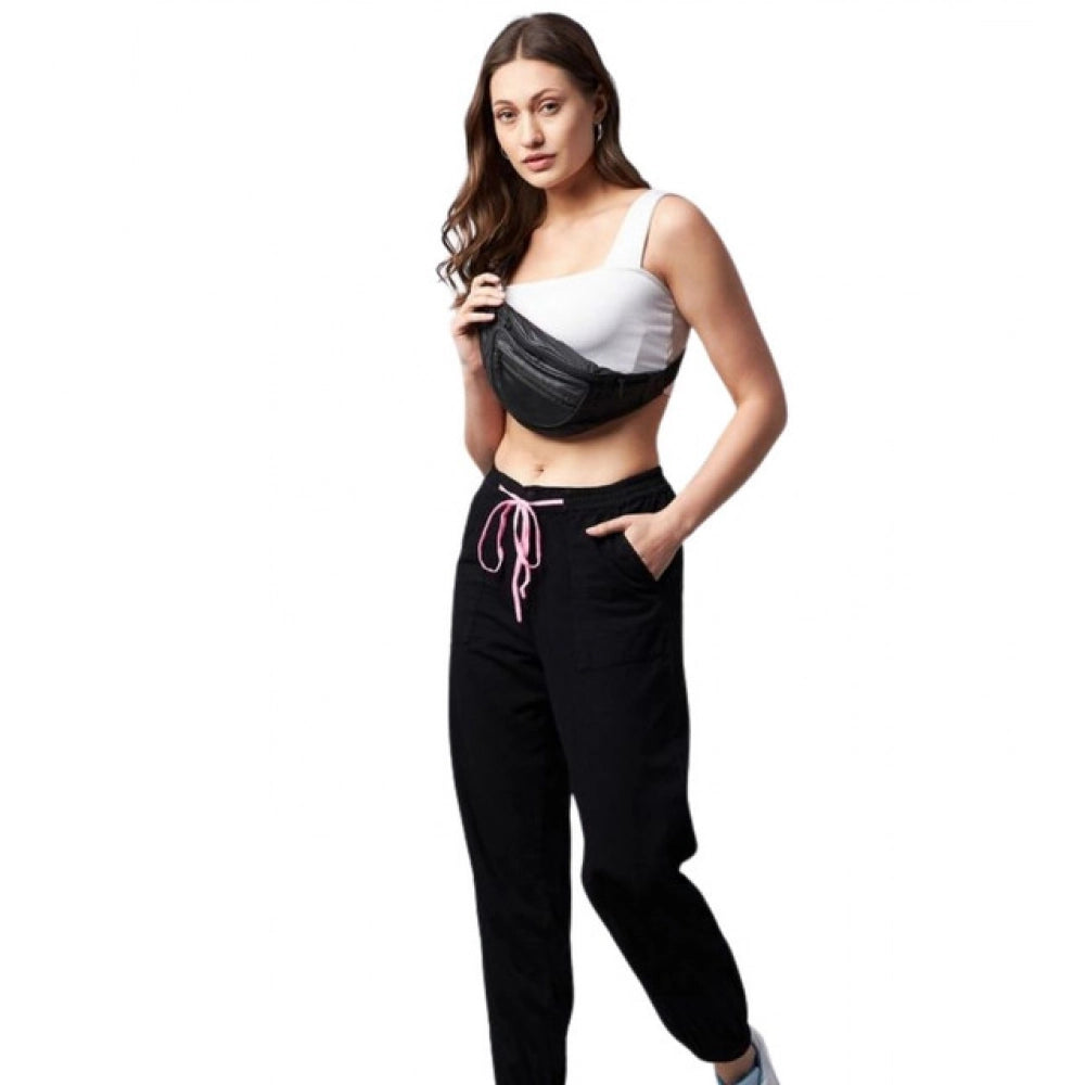 Generic Women's Cotton Twill Solid Elasticated Ankle Length Trousers (Black)