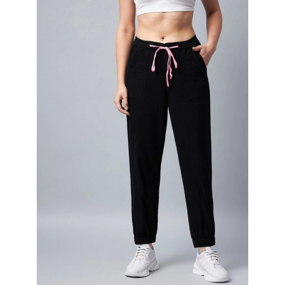 Generic Women's Cotton Twill Solid Elasticated Ankle Length Trousers (Black)