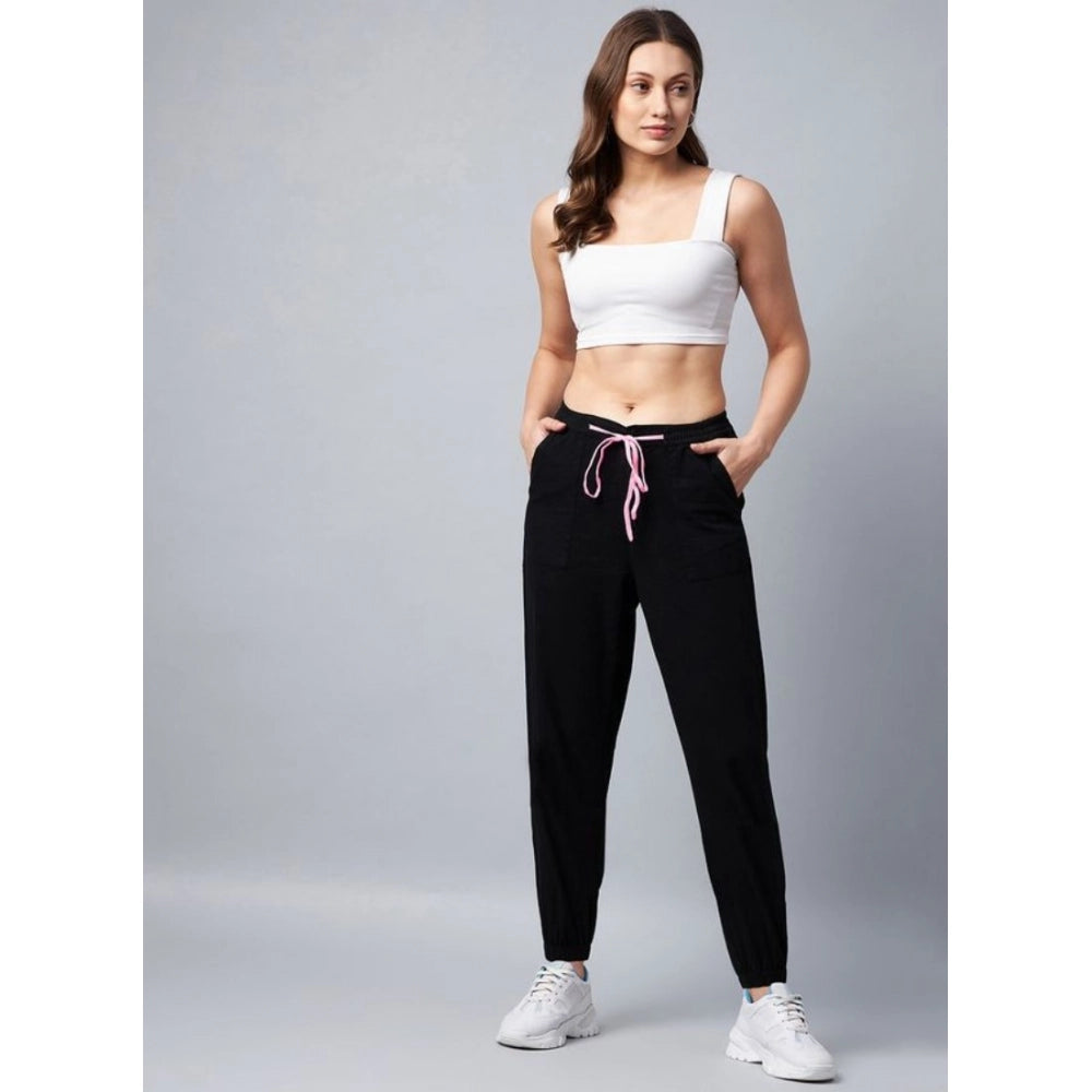 Generic Women's Cotton Twill Solid Elasticated Ankle Length Trousers (Black)
