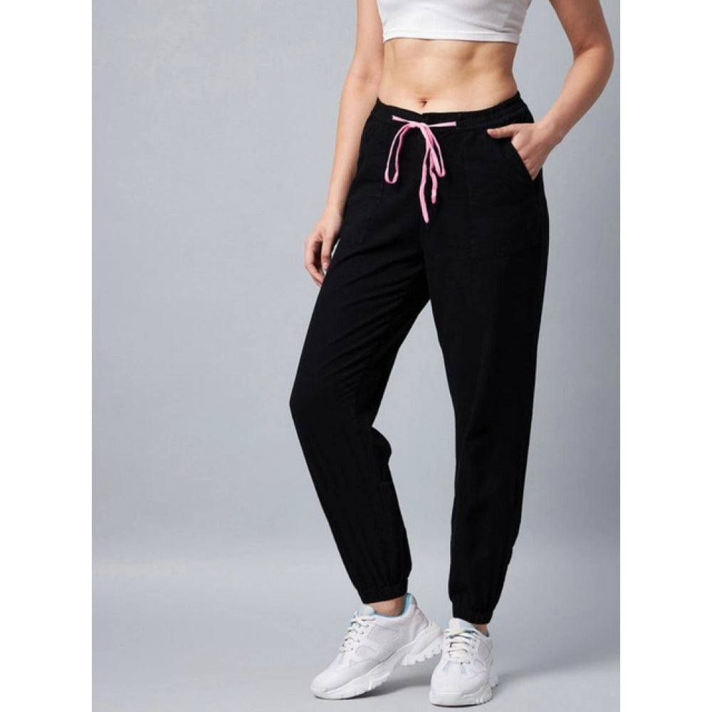 Generic Women's Cotton Twill Solid Elasticated Ankle Length Trousers (Black)