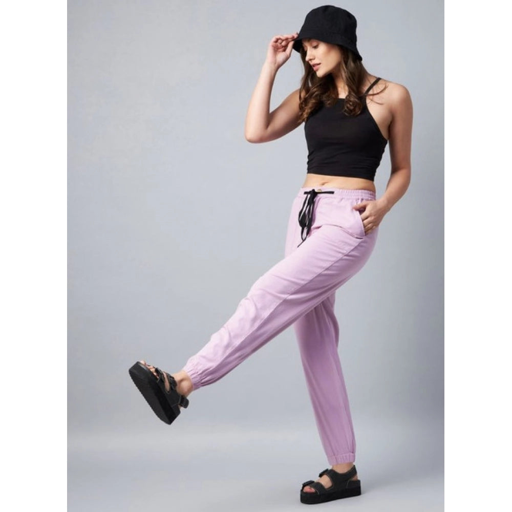 Generic Women's Cotton Twill Solid Elasticated Ankle Length Trousers (Lavender)