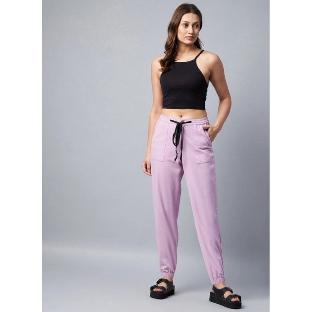 Generic Women's Cotton Twill Solid Elasticated Ankle Length Trousers (Lavender)