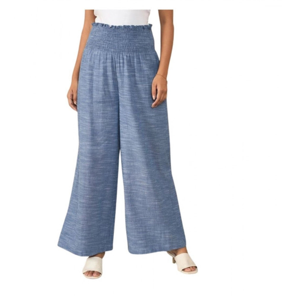 Generic Women's Cotton Self Design Smocked Ankle Length Trousers (Blue)