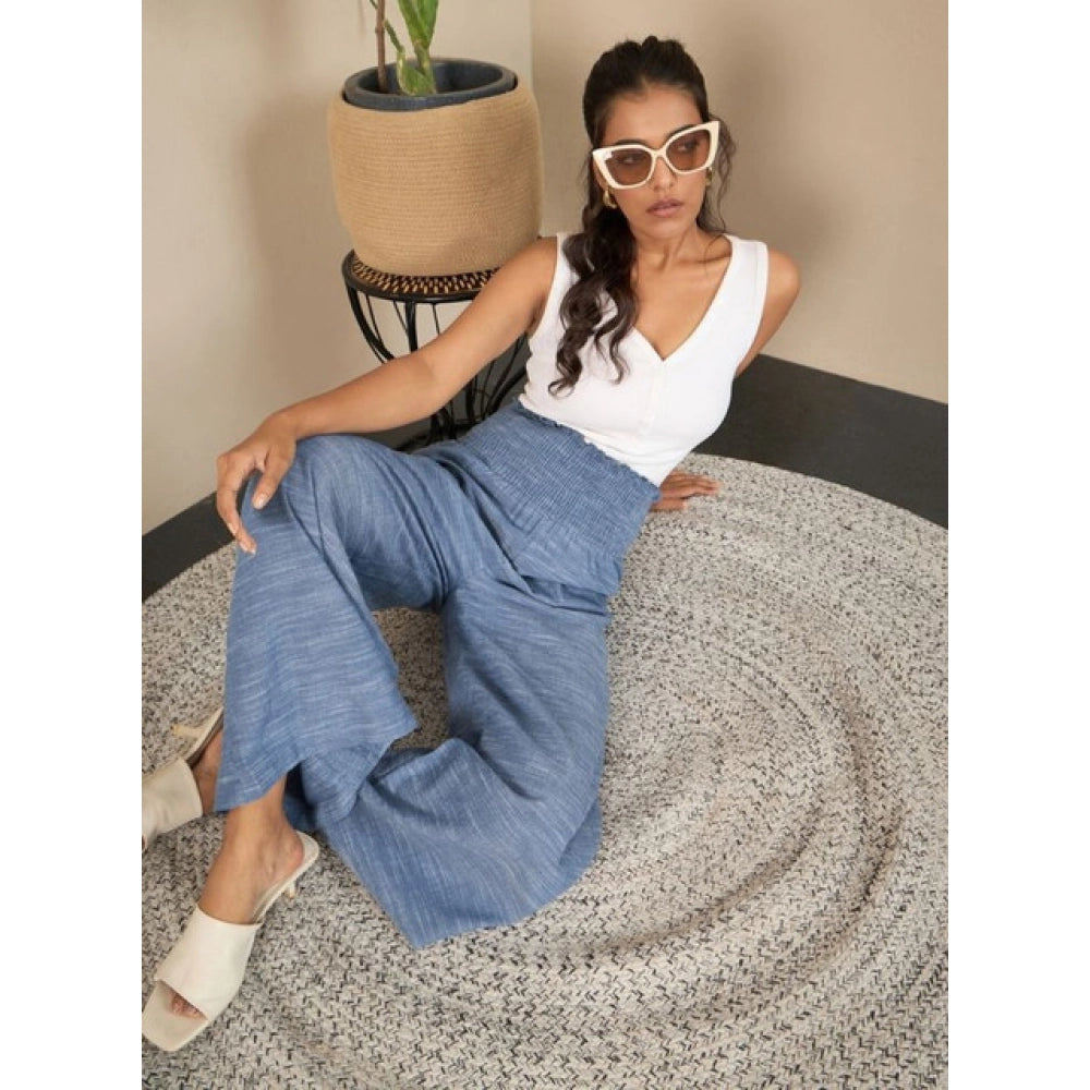 Generic Women's Cotton Self Design Smocked Ankle Length Trousers (Blue)