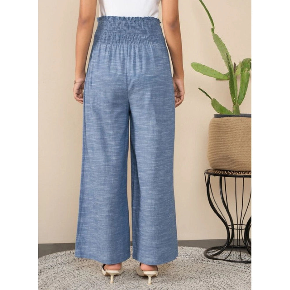Generic Women's Cotton Self Design Smocked Ankle Length Trousers (Blue)