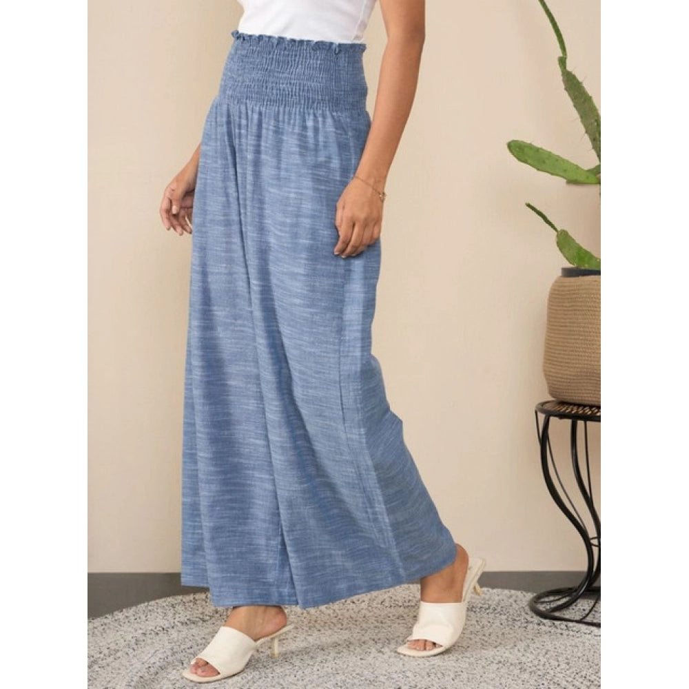 Generic Women's Cotton Self Design Smocked Ankle Length Trousers (Blue)