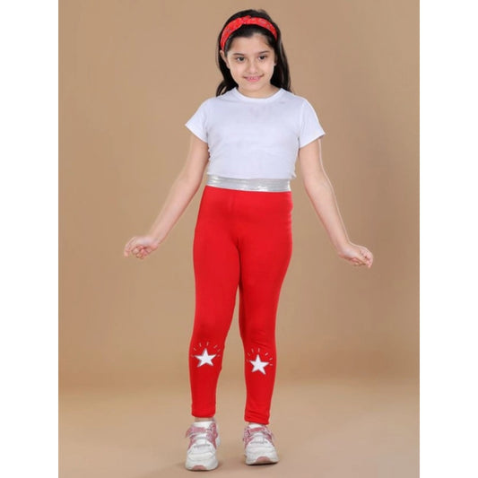 Girls Red Star Print Cotton Lycra Elasticated Leggings