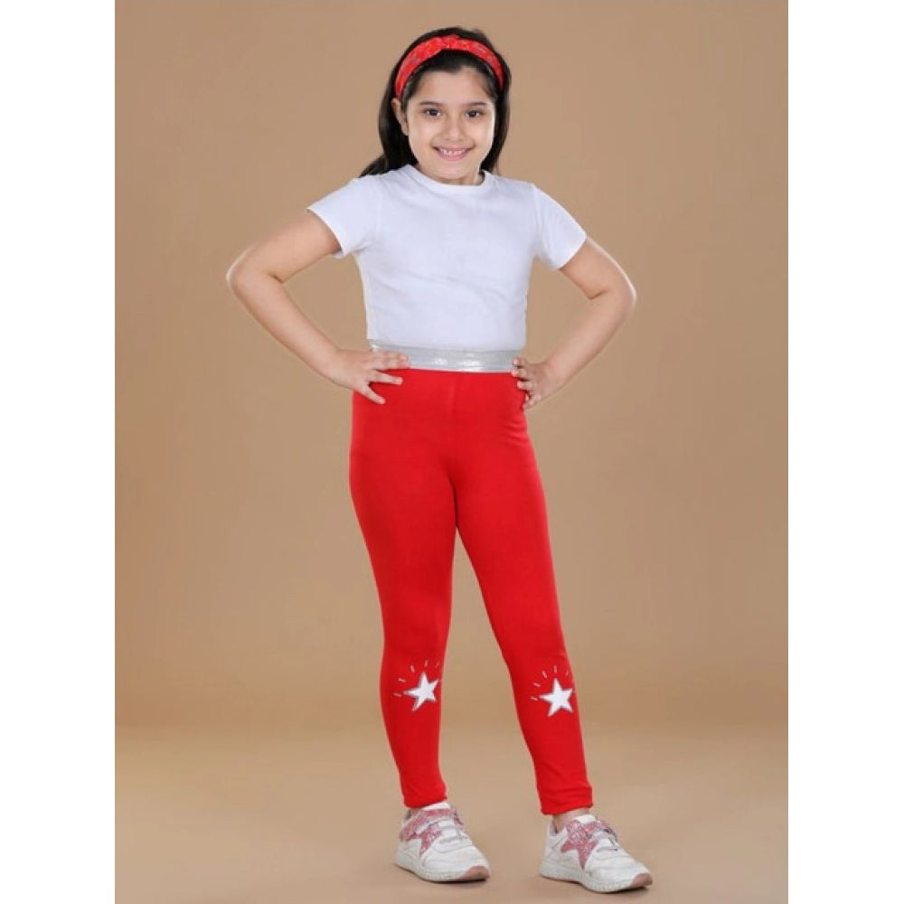 Girls Red Star Print Cotton Lycra Elasticated Leggings