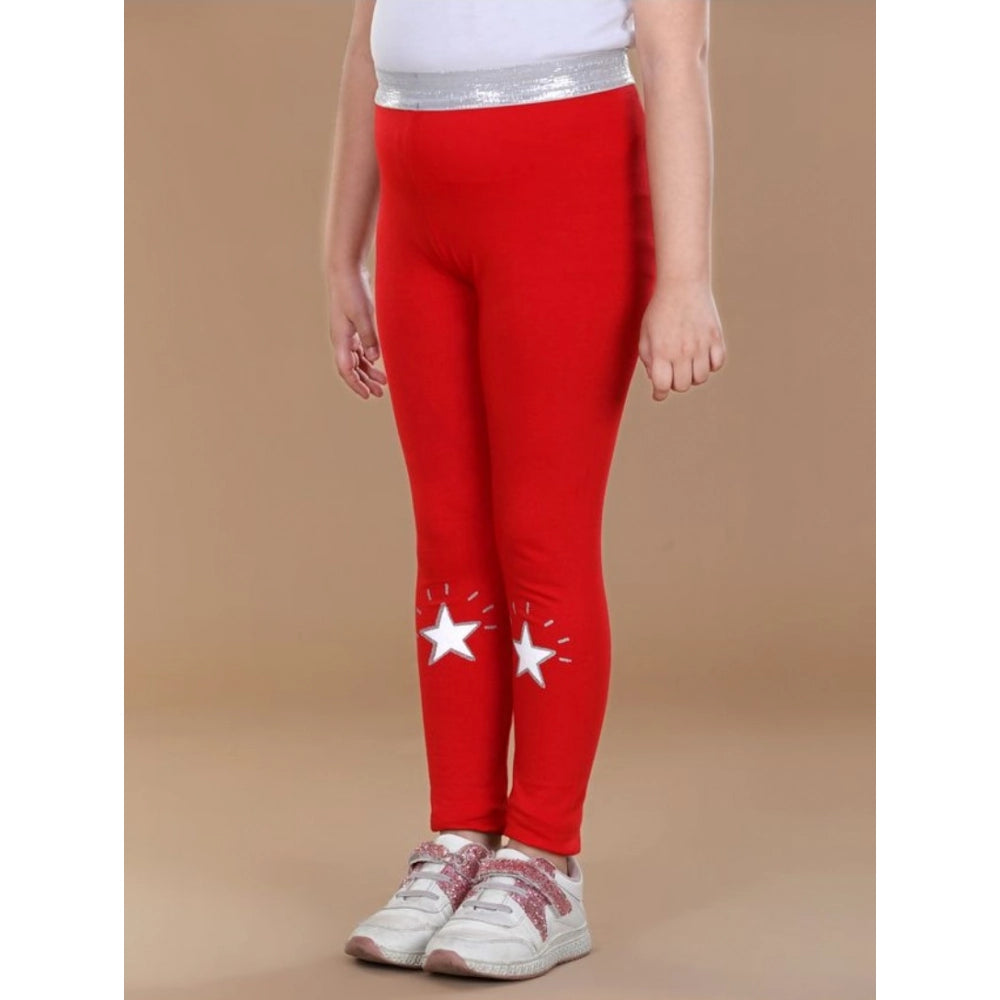 Girls Red Star Print Cotton Lycra Elasticated Leggings