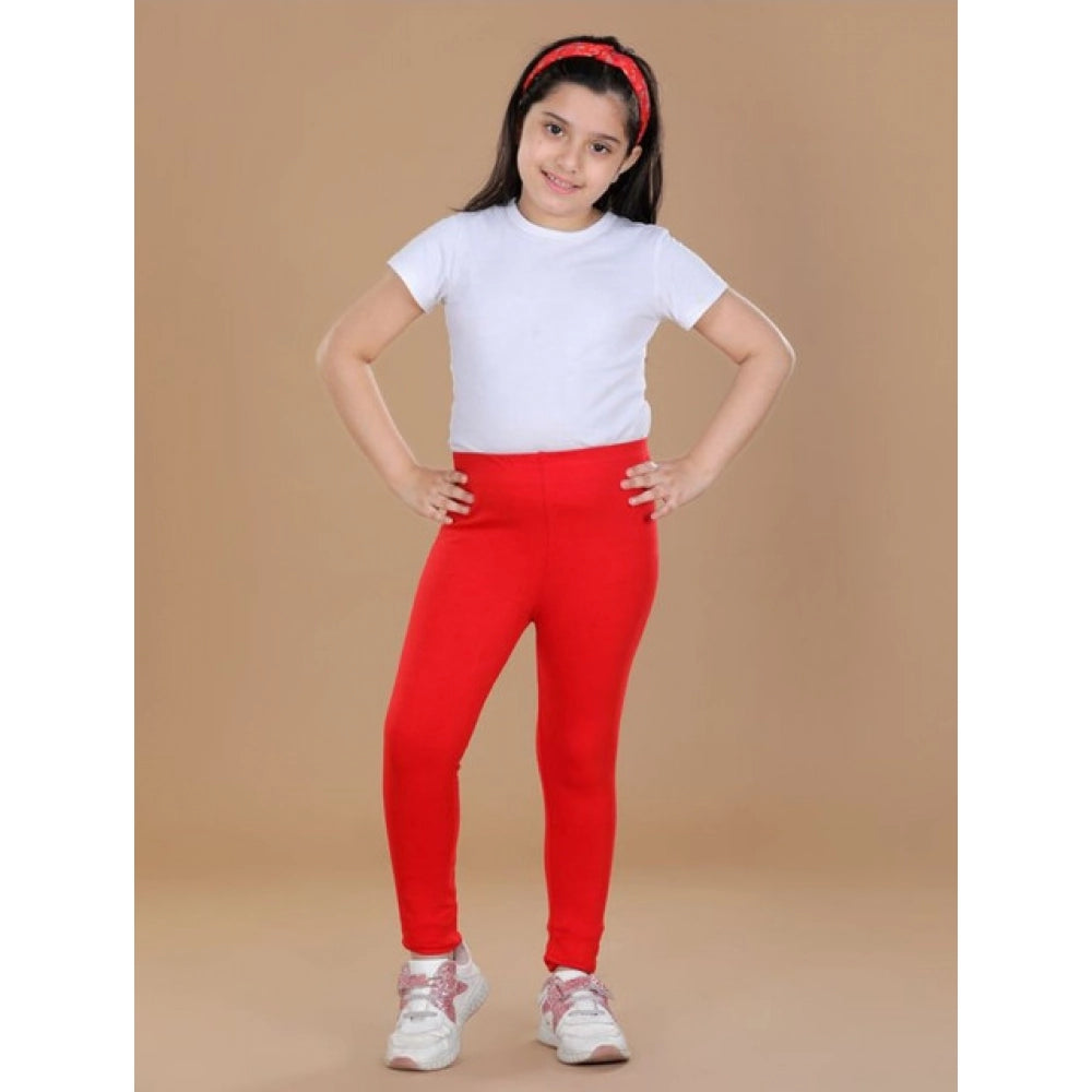 Girls Red Solid Cotton Lycra Elasticated Leggings