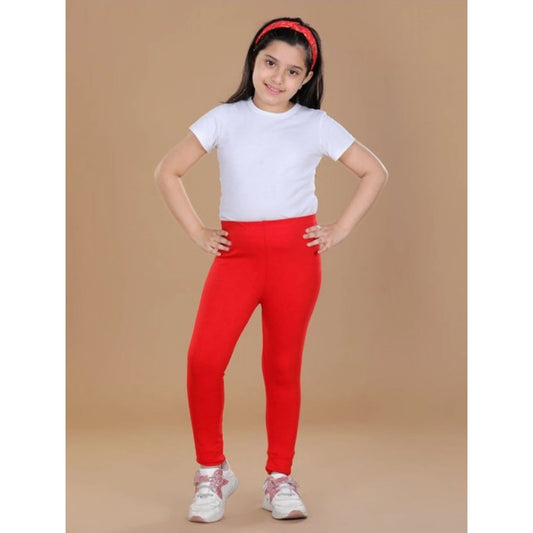 Girls Red Solid Cotton Lycra Elasticated Leggings