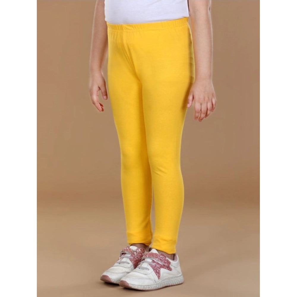 Girls Yellow Solid Cotton Lycra Elasticated Leggings