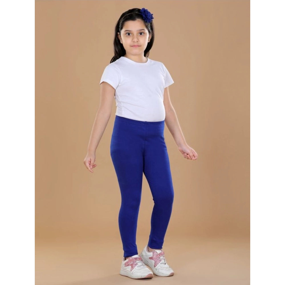 Girls Blue Solid Cotton Lycra Elasticated Leggings