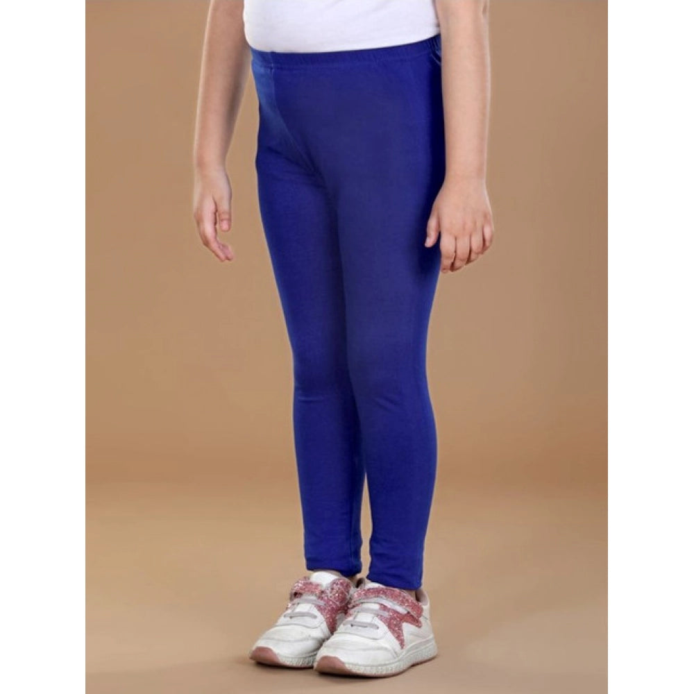 Girls Blue Solid Cotton Lycra Elasticated Leggings