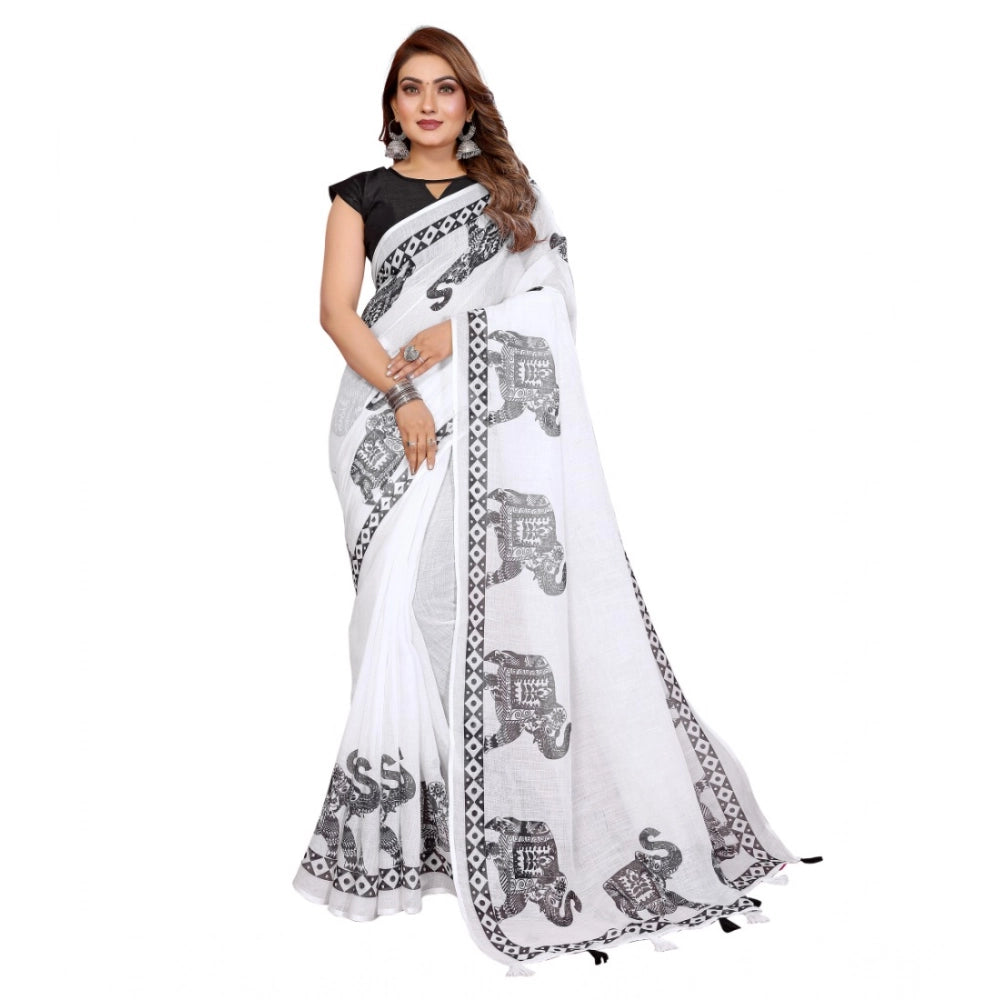 Women's White Linen Cotton Printed Saree With Unstitched Blouse – 5.5 Mtr