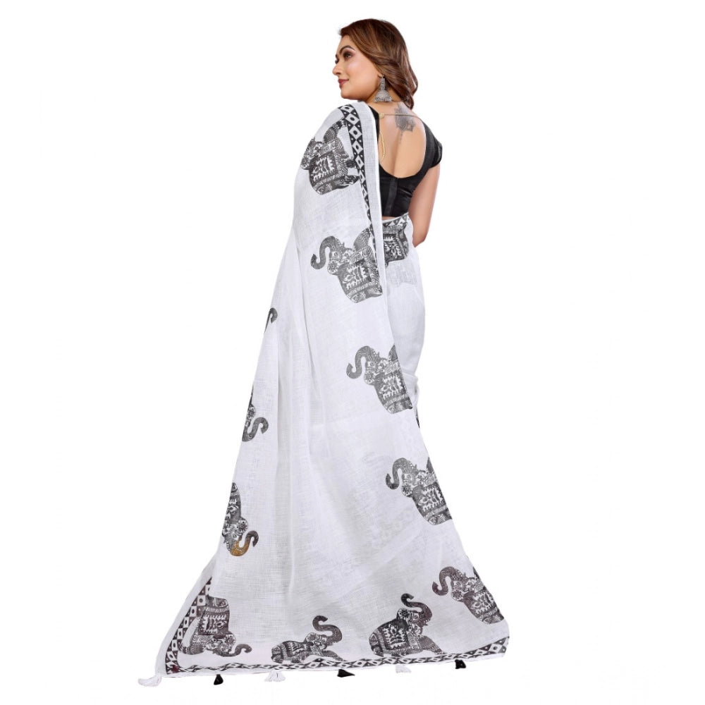 Women's White Linen Cotton Printed Saree With Unstitched Blouse – 5.5 Mtr