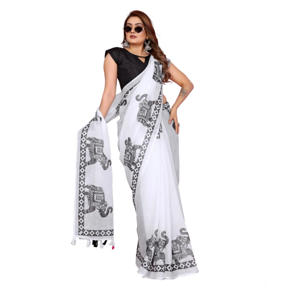 Women's White Linen Cotton Printed Saree With Unstitched Blouse – 5.5 Mtr