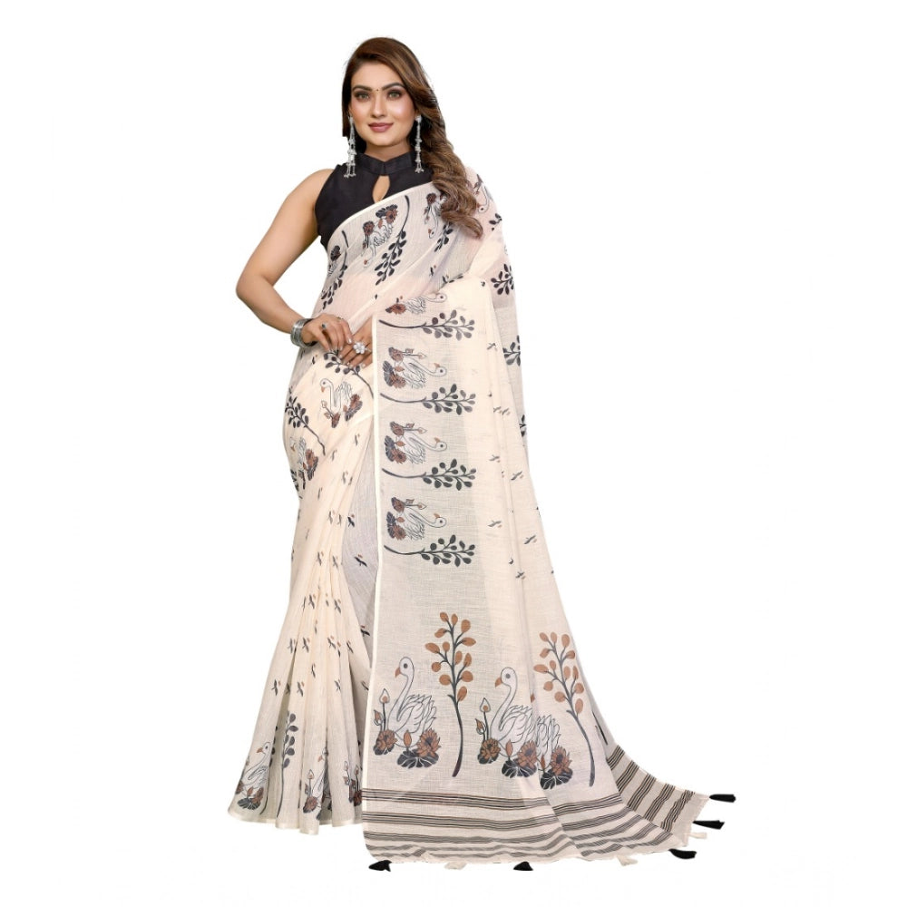 Women's Off White Linen Cotton Printed Saree With Unstitched Blouse – 5.5 Mtr