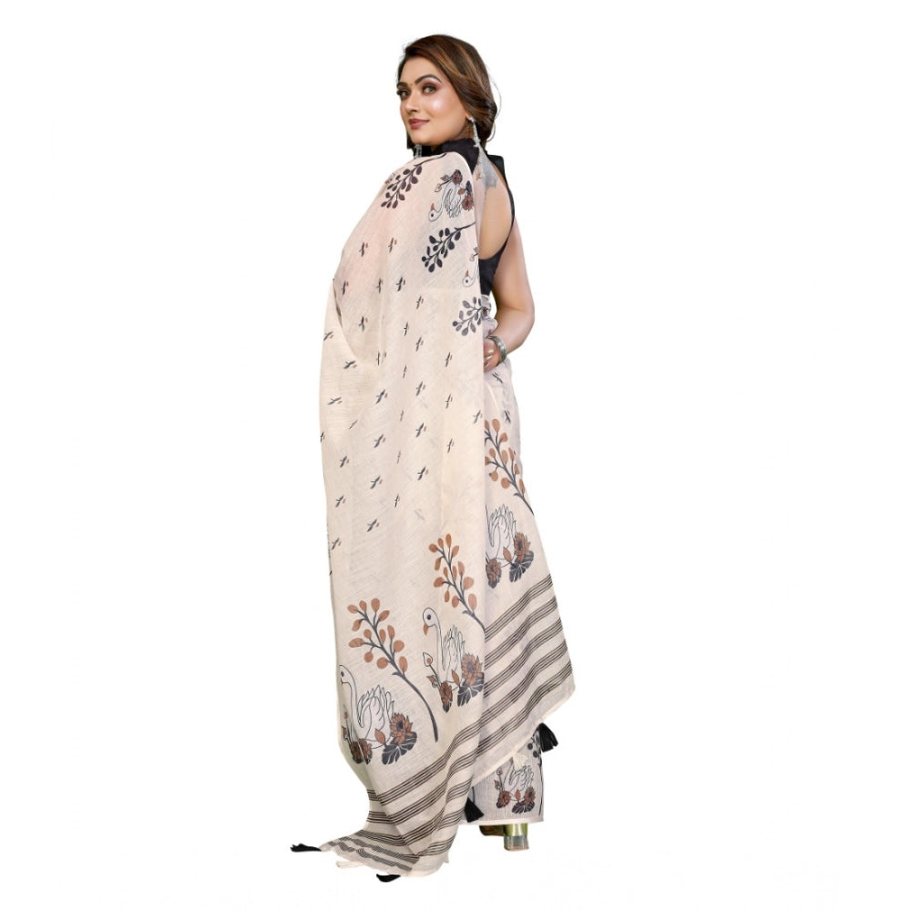 Women's Off White Linen Cotton Printed Saree With Unstitched Blouse – 5.5 Mtr