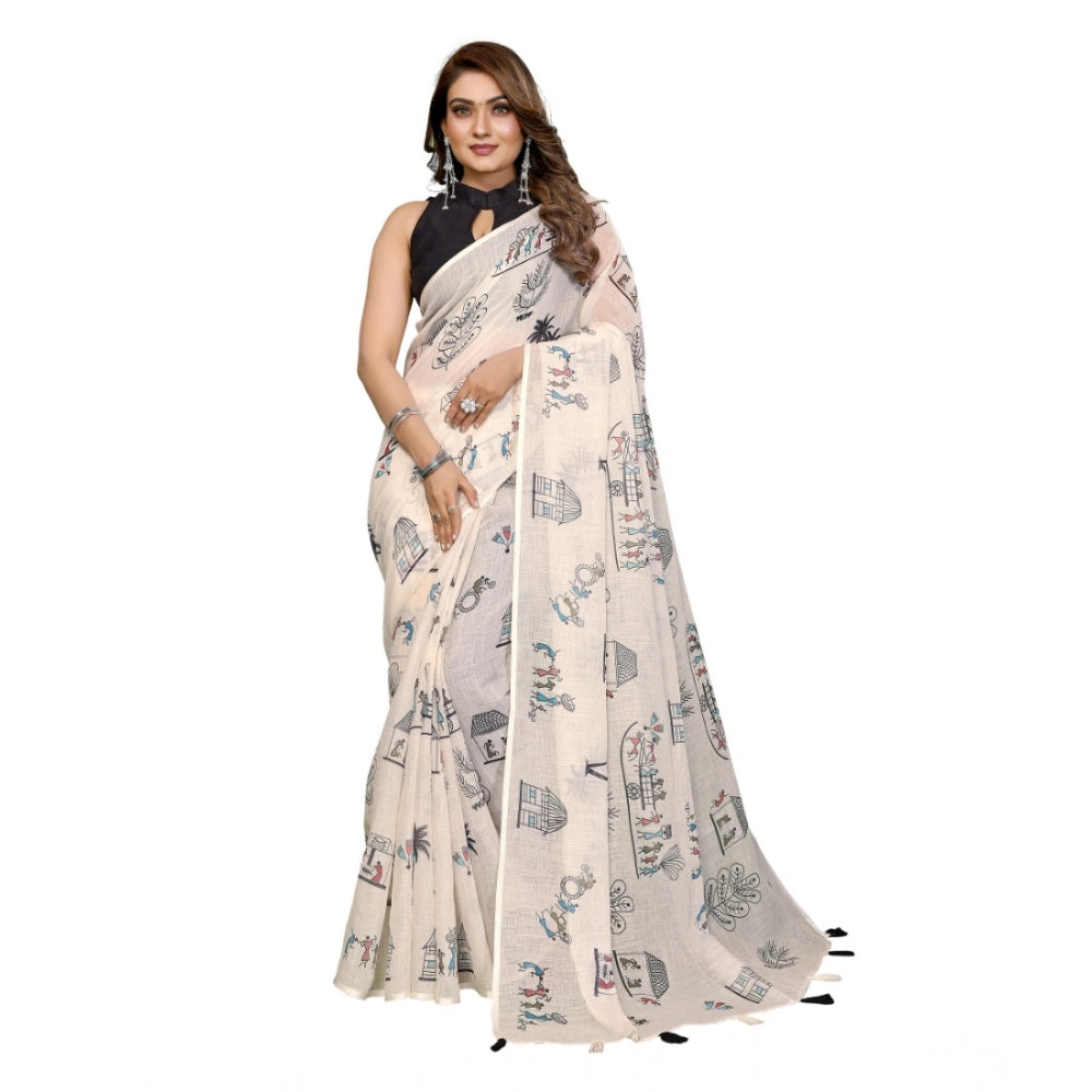 Women's Off White Linen Cotton Printed Saree With Unstitched Blouse – 5.5 Mtr