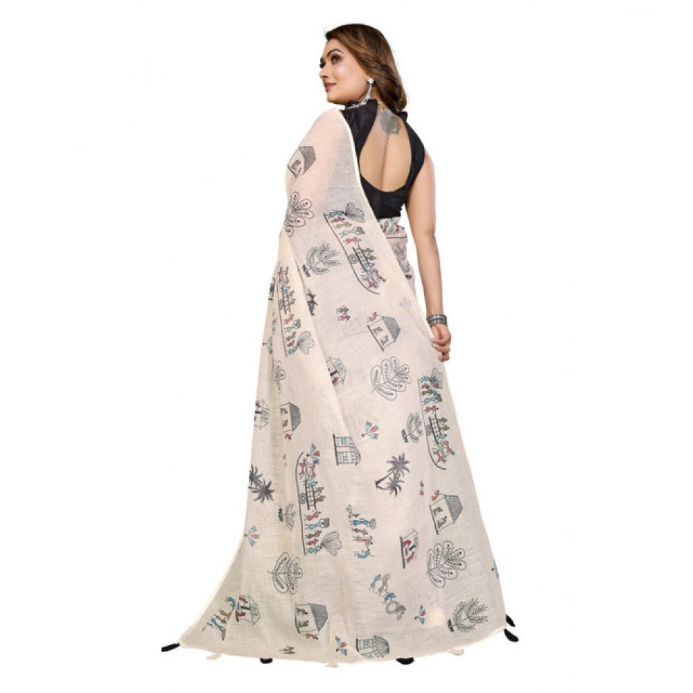 Women's Off White Linen Cotton Printed Saree With Unstitched Blouse – 5.5 Mtr