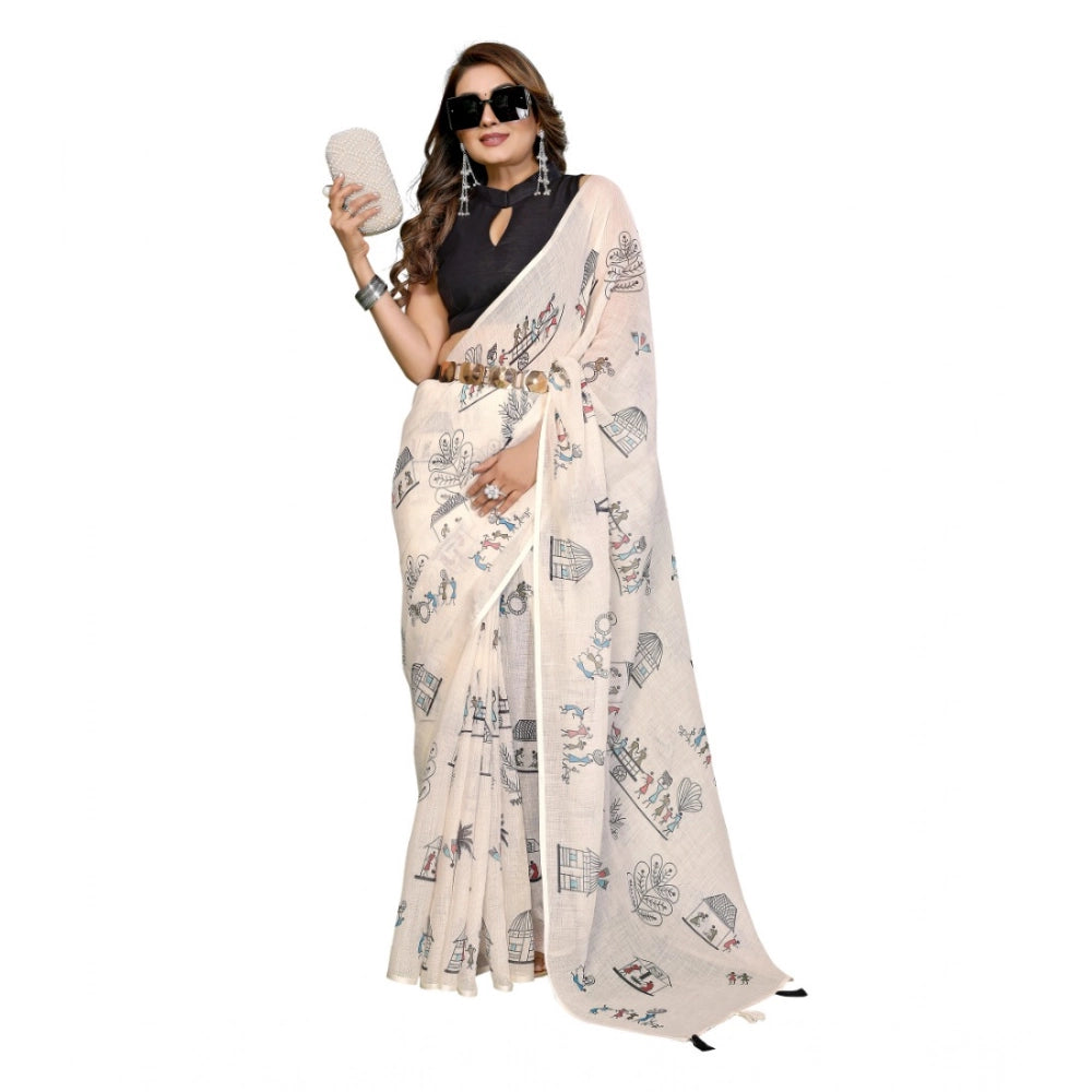 Women's Off White Linen Cotton Printed Saree With Unstitched Blouse – 5.5 Mtr