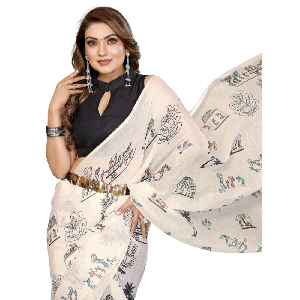 Women's Off White Linen Cotton Printed Saree With Unstitched Blouse – 5.5 Mtr
