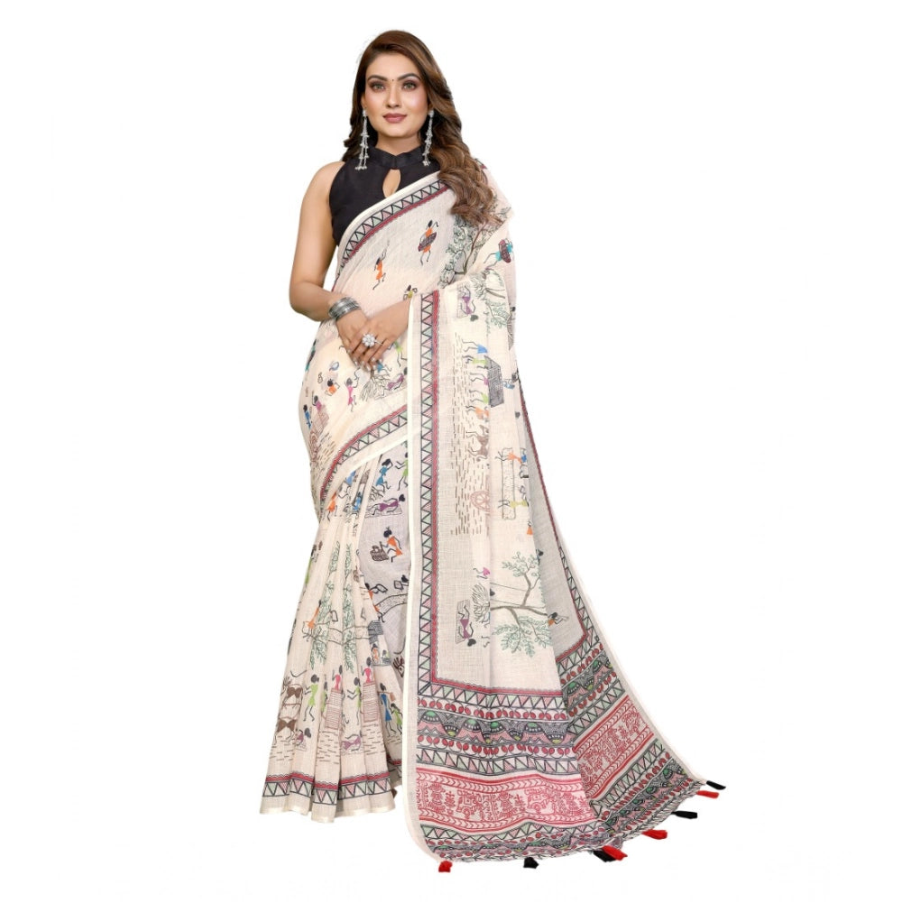 Women's Off White Linen Cotton Printed Saree With Unstitched Blouse – 5.5 Mtr