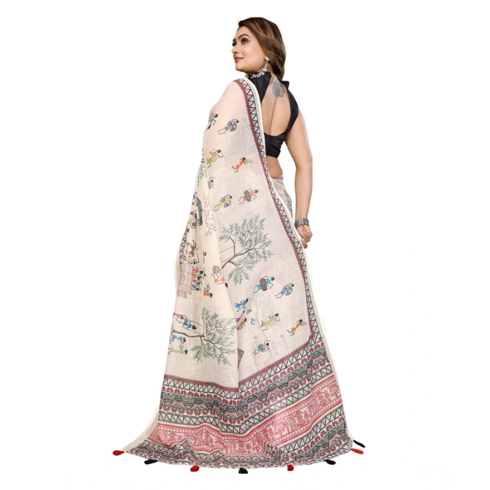 Women's Off White Linen Cotton Printed Saree With Unstitched Blouse – 5.5 Mtr